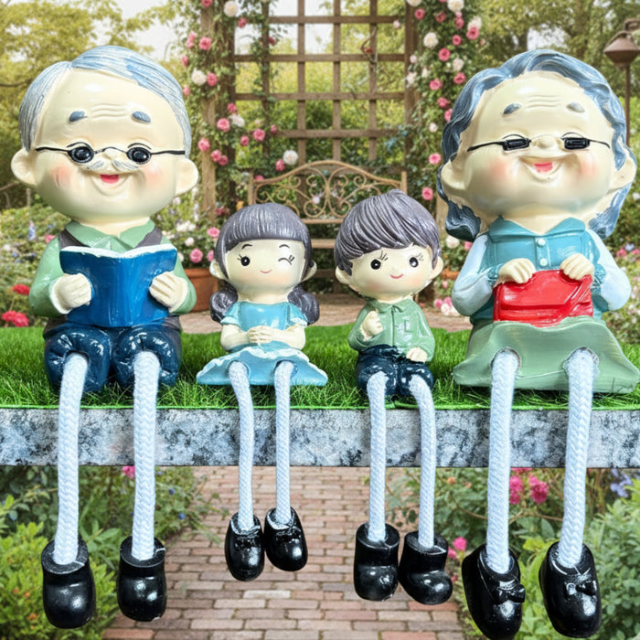 Wonderland 4-Piece Grandparents and Grandchildren Shelf Sitter Figurine Set|Hand-Painted Family Statues with Dangle Rope Legs| Heartwarming Home Decor for Shelves,  (Bench Not Included)