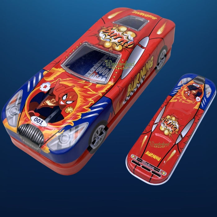 Wonderland Premium Car-Shaped Metal Pencil Box for Kids – Multi-Layer Stationery Organizer with Moving Wheels Orange Colour- 8x3.3x2inch
