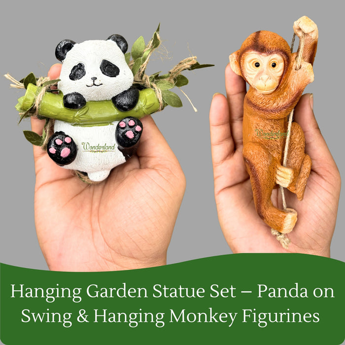 Hanging Garden Statue Set – Panda on Swing & Hanging Monkey Figurines – 2-Piece Whimsical Animal Decor with Leafy Vine Ropes for Outdoor Trees, Patio, or Nursery