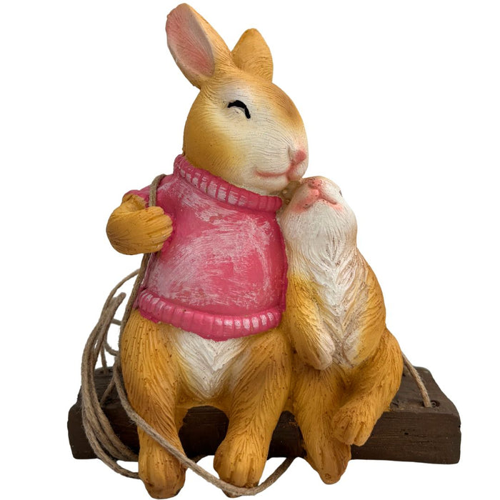 Wonderland Whimsical Hanging Rabbit and Mouse Garden Statue – Hand-Painted Resin Bunny Figurine on Decorative Wood-Style Swing for Home, Patio, or Nursery Decor