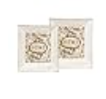 Set of two rectangular cream-colored vintage metal picture frames with ornate lace-like openwork borders and a distressed antique finish, featuring "Home" floral inserts.