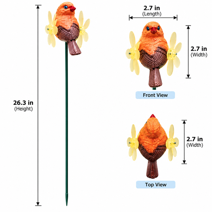 Kinetic Bird Garden Wind Spinners with Wooden Base (Set of 2) – Blue & Orange Songbird Stakes for Zen Gardens & Patio Decor