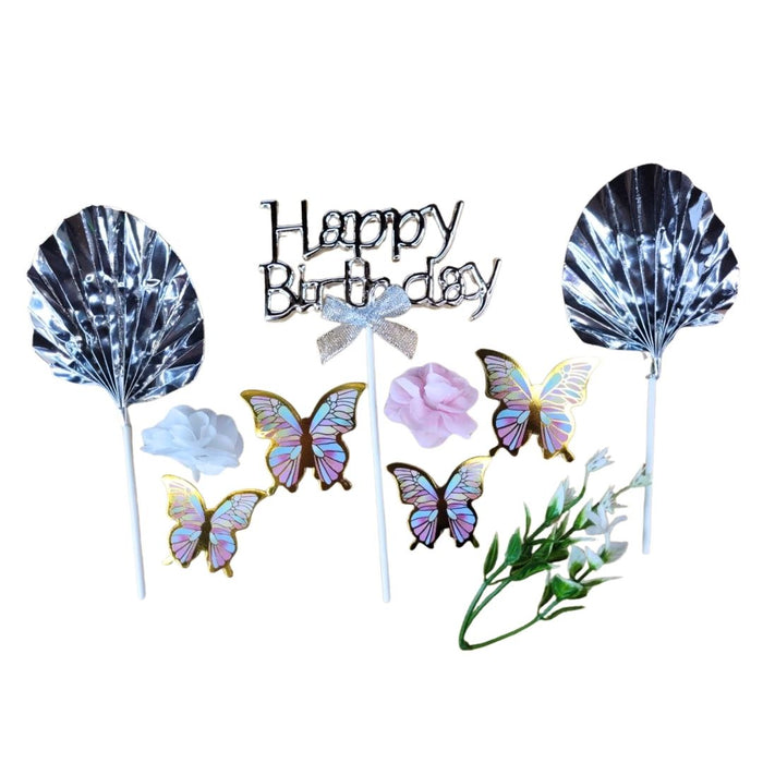 Wonderland Silver "Happy Birthday" Butterfly Cake Topper Set