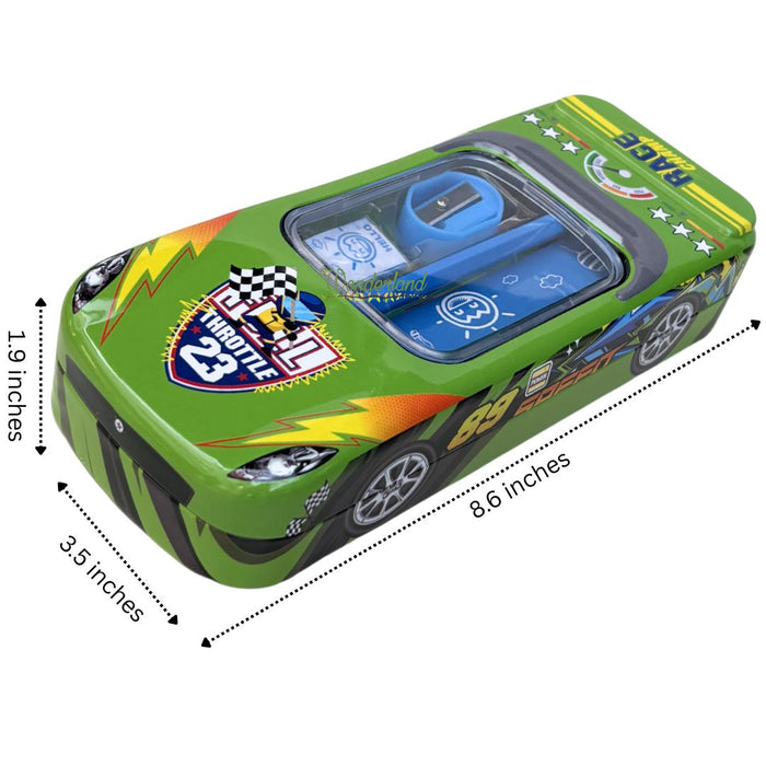 Wonderland 3D Racing Car Metal Pencil Box for Kids – Multi-Layer Tin Stationery Organizer with Built-in Sharpener, Pencil, Scale, Eraser & Transparent Window-Green Colour 8x3.5x1.7inch