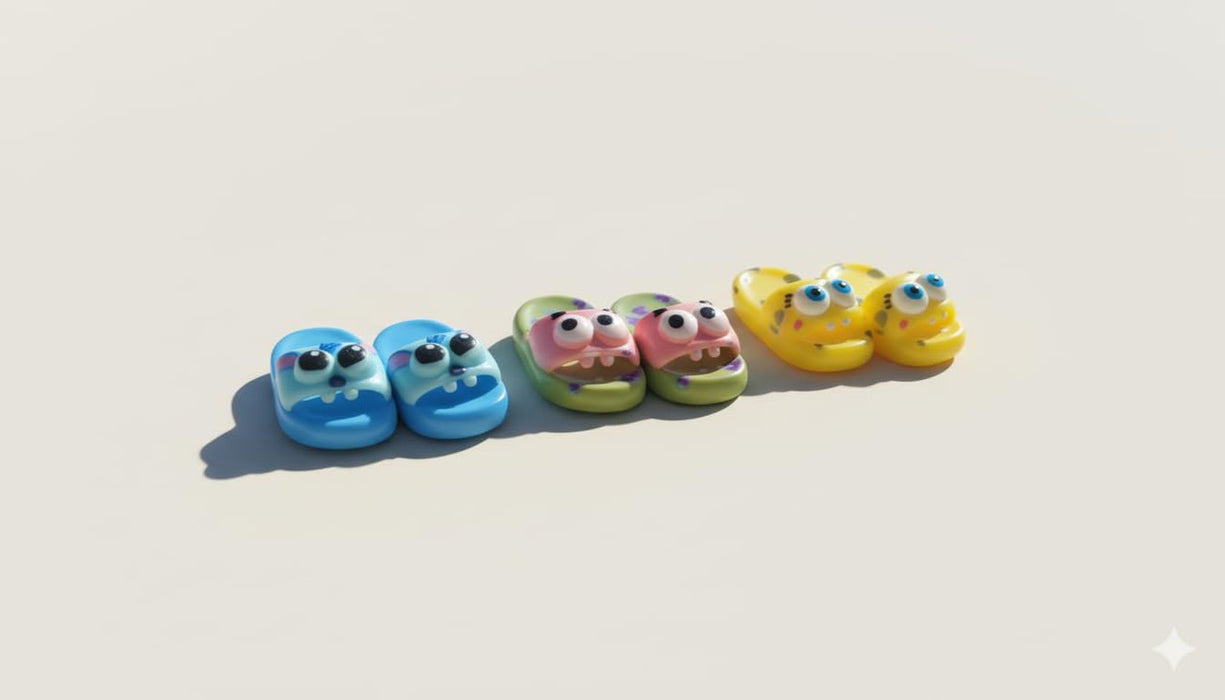 Three pairs of miniature cartoon-style open-toe slider sandals lined up horizontally on a light neutral surface. The assortment includes a blue pair, a pink and green pair, and a yellow pair, all featuring large 3D character eyes on the front straps.