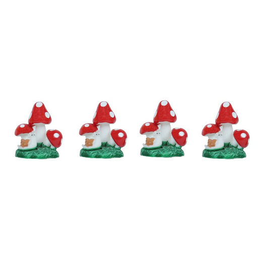 Four identical miniature resin figurines of red-and-white mushrooms with a tiny white snail on a green mossy base, isolated on a white background.