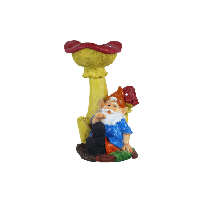 Garden Gnome Resting Under a Mushroom Bird Feeder – Whimsical Outdoor Lawn Decor