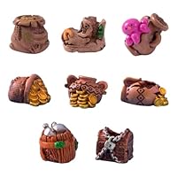 Set of small fantasy-themed accessories including miniature sacks of gold, treasure chests, and clay pots for use in fairy gardens or dioramas.