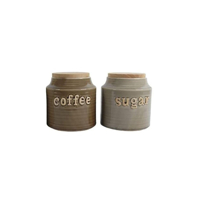 Imported Ceramic Sugar and Coffee Container with Rubber Tight Wooden Lid (Set of 2)