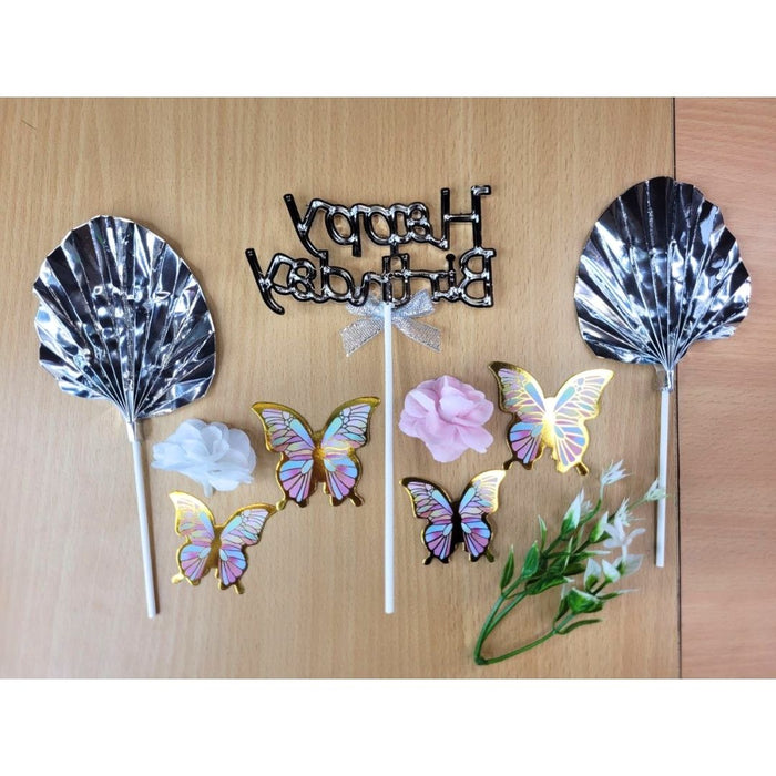 Wonderland Silver "Happy Birthday" Butterfly Cake Topper Set