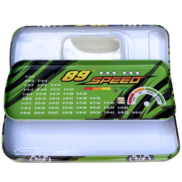 Wonderland 3D Racing Car Metal Pencil Box for Kids – Multi-Layer Tin Stationery Organizer with Built-in Sharpener, Pencil, Scale, Eraser & Transparent Window-Green Colour 8x3.5x1.7inch