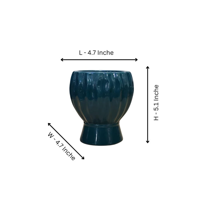 Teal Ceramic Planter Pot with Ribbed Design for Indoor Home Decor