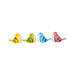 A collection of ten colorful gradient starfish with white dots and five miniature hippopotamus figurines in various bright colors, isolated on a white background.