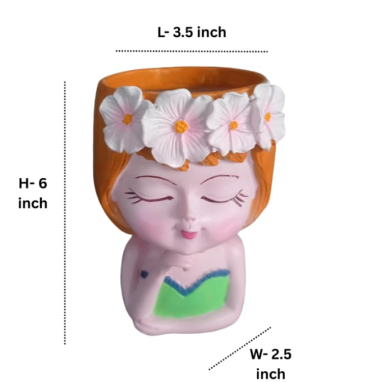 Wonderland 6 inch Whimsical Girl Head Planter –  Pot with Flower Crown & Hand-Painted Detail – Decorative Resin Face Vase for Indoor Plants- 3.5x2.5x6 inch(Plant Not Included)
