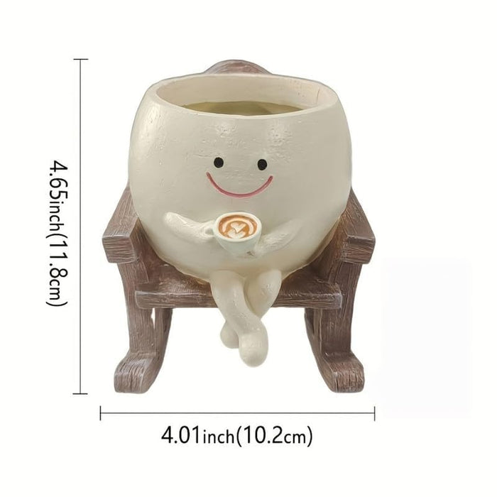 Wonderland Whimsical Smiling Sitting Rocking Chair Planter – Cute Face Flower Pot with Coffee Cup Accent for Succulents and Small Plants-