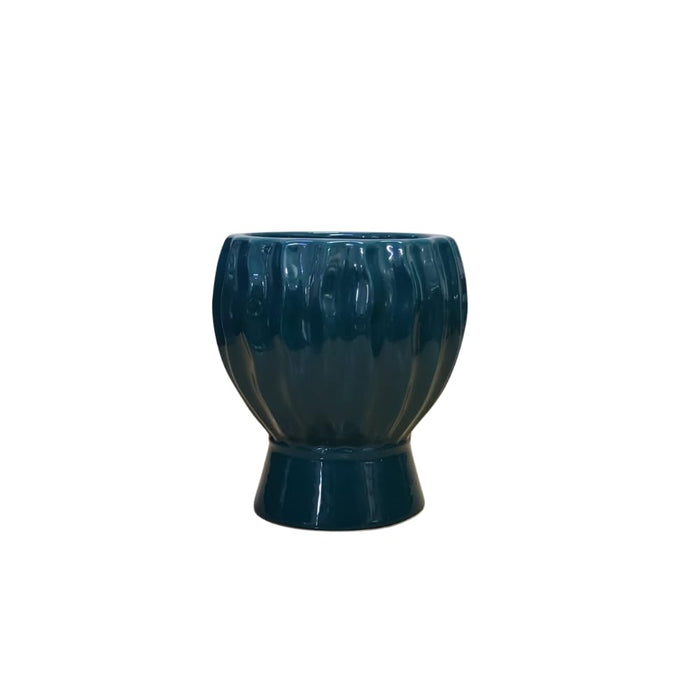 Teal Ceramic Planter Pot with Ribbed Design for Indoor Home Decor