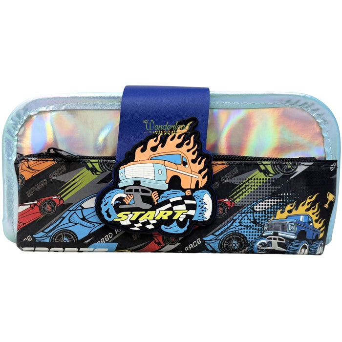 Kids Double Zip Racing Car Pencil Case – Stylish Holographic Design with 3D Rubber Badge