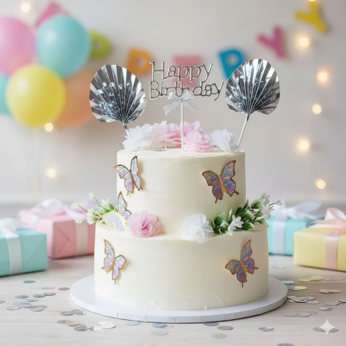 Wonderland Silver "Happy Birthday" Butterfly Cake Topper Set
