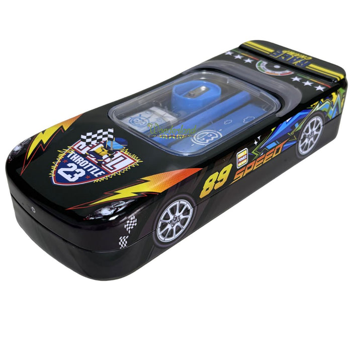 Wonderland 3D Racing Car Metal Pencil Box for Kids – Multi-Layer Tin Stationery Organizer with Built-in Sharpener, Pencil, Scale, Eraser & Transparent Window-Black Colour 8x3.5x1.7inch
