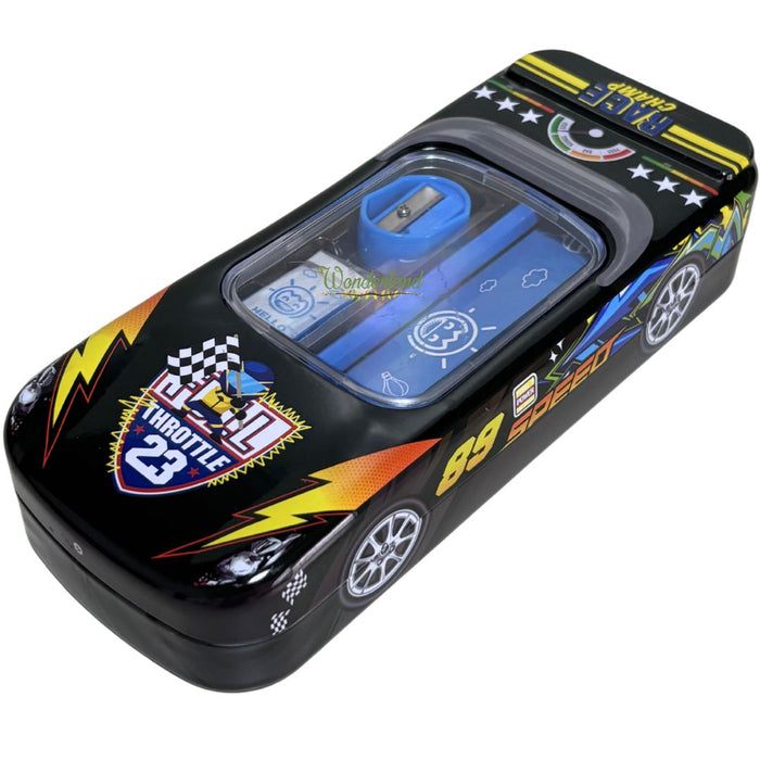 Wonderland 3D Racing Car Metal Pencil Box for Kids – Multi-Layer Tin Stationery Organizer with Built-in Sharpener, Pencil, Scale, Eraser & Transparent Window-Black Colour 8x3.5x1.7inch