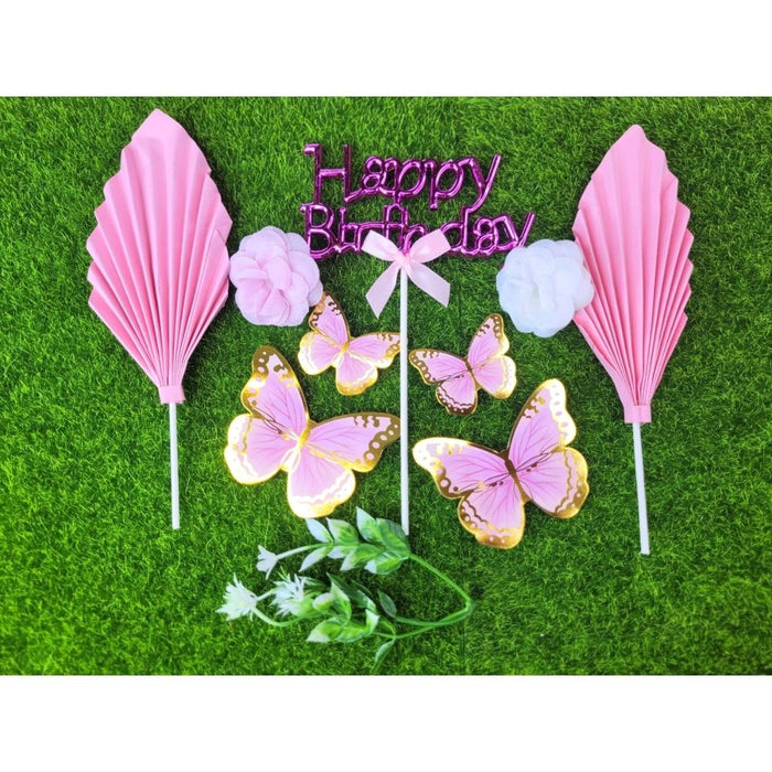 Wonderland Pink "Happy Birthday" Butterfly & Floral Cake Topper Set