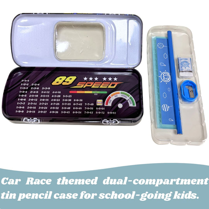 Wonderland 3D Racing Car Metal Pencil Box for Kids – Multi-Layer Tin Stationery Organizer with Built-in Sharpener, Pencil, Scale, Eraser & Transparent Window-Black Colour 8x3.5x1.7inch