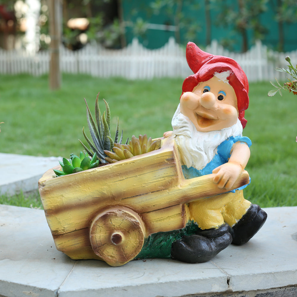 Gnome Pushing Cart Pot Planter for Home and Garden Decoration