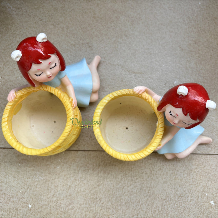 Wonderland Dreamy Girl Succulent Planter – Set of 2 Cute Resin Flower Pots for Indoor Plants, Home Decor, and Gifting