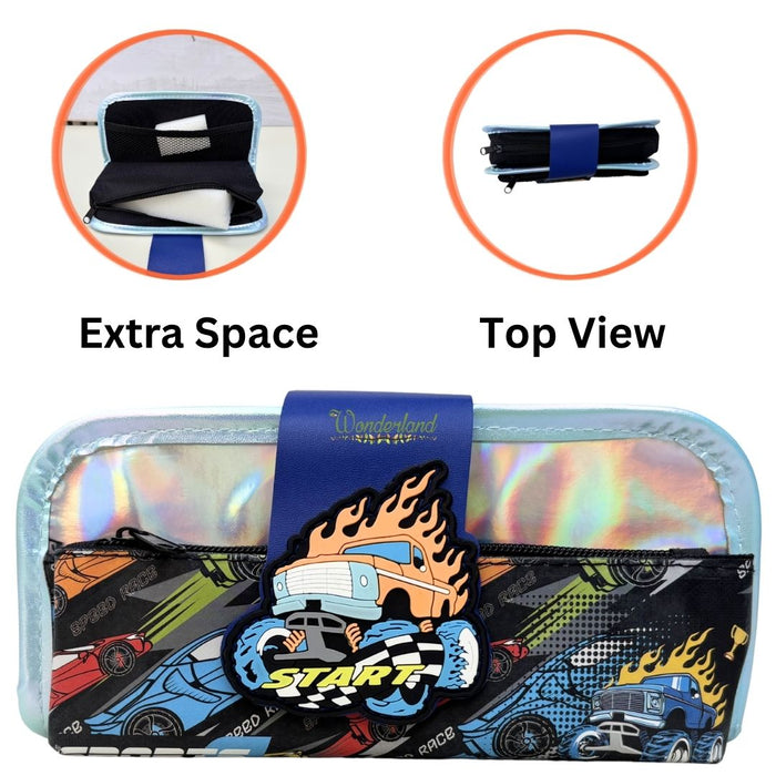 Kids Double Zip Racing Car Pencil Case – Stylish Holographic Design with 3D Rubber Badge