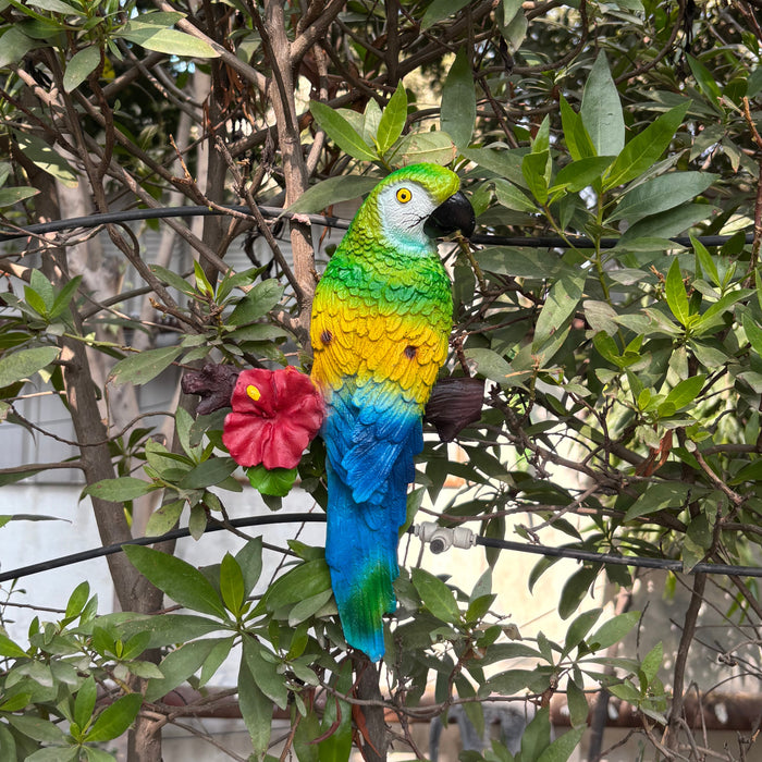 Wonderland Hand-Painted Tropical Macaw Parrot Wall Decor - 3D Resin Bird Figurine on Branch with Flower - Vibrant Coastal Wall Hanging for Patio, Garden, or Home Decor