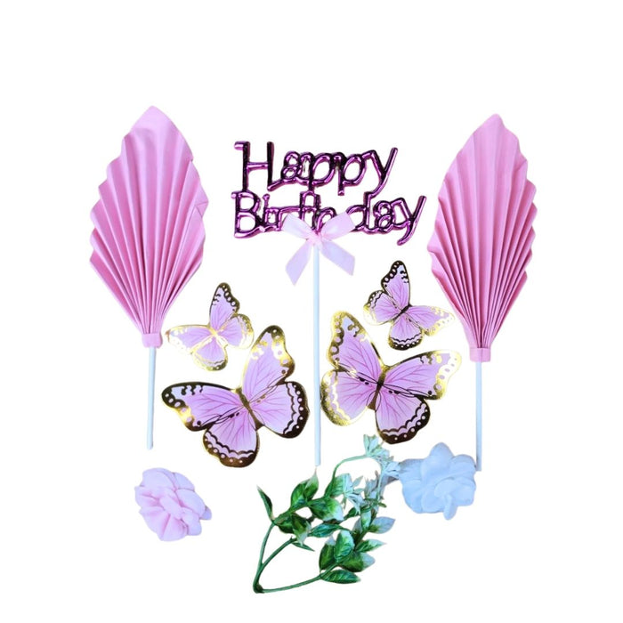 Wonderland Pink "Happy Birthday" Butterfly & Floral Cake Topper Set