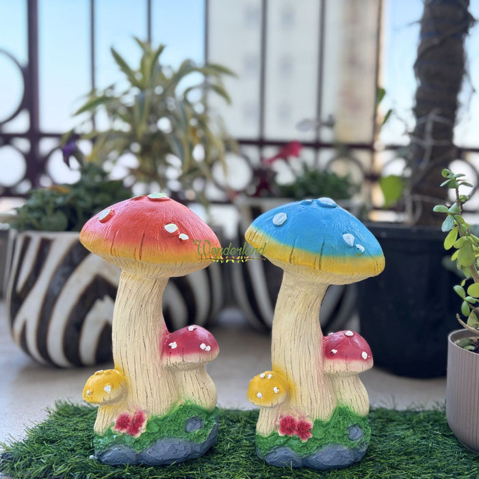 Wonderland Vibrant Set of 2 Whimsical Mushroom Garden Statues – Hand-Painted Resin Toadstool Sculptures for Fairy Gardens, Patio, Lawn, and Indoor Home Decor