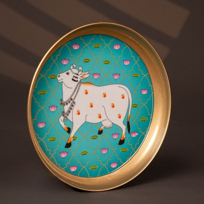 Wonderland 6 inchHand-Painted Kamdhenu Cow Decorative Plate| Pichwai Art Thali|