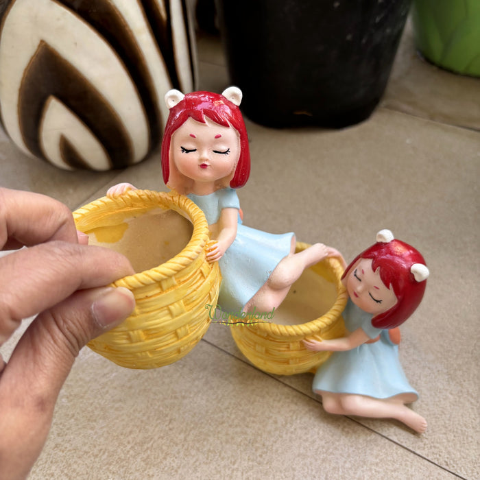 Wonderland Dreamy Girl Succulent Planter – Set of 2 Cute Resin Flower Pots for Indoor Plants, Home Decor, and Gifting