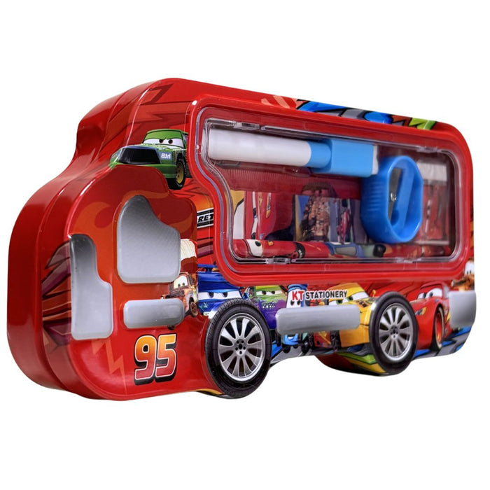 Kids’ Bus-Shaped Metal Pencil Box Stationery Set – Includes Pencil, Sharpener, Eraser, Ruler and 1 sketchpen 8x4x1.5inch