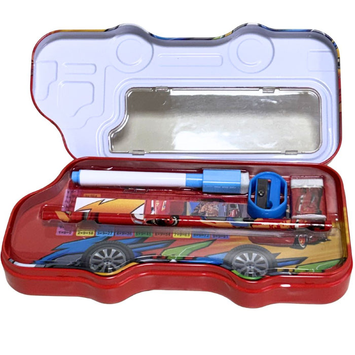 Kids’ Bus-Shaped Metal Pencil Box Stationery Set – Includes Pencil, Sharpener, Eraser, Ruler and 1 sketchpen 8x4x1.5inch