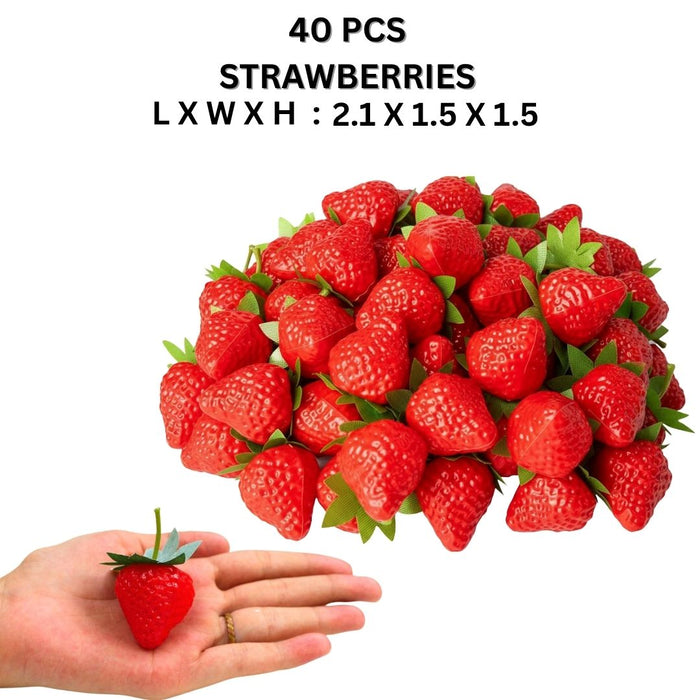 Wonderland 40 Pieces of Artificial Plastic Strawberries, Realistic Red Strawberries with Green Stems and Leaves for Home Kitchen Party Decoration and Dinning Table