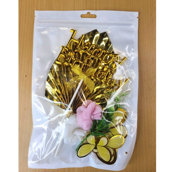 Wonderland Gold "Happy Birthday" Butterfly & Floral Cake Topper Set