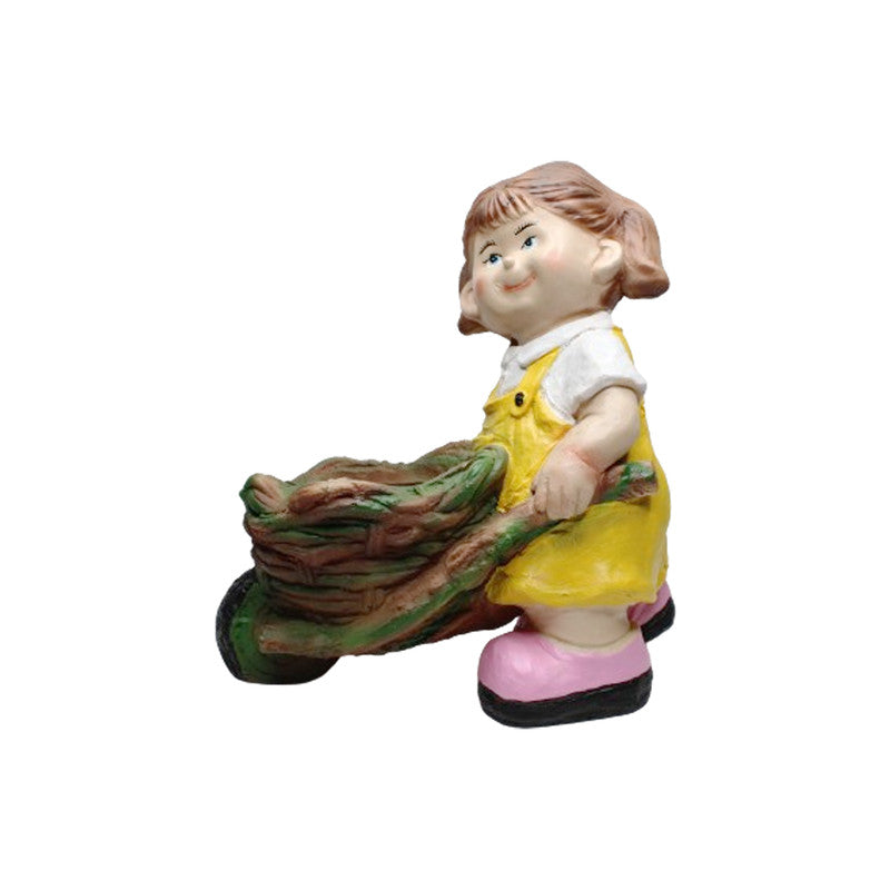 Girl Pushing Trolley with Pot for Garden, Balcony or Outdoor Decor (Yellow)