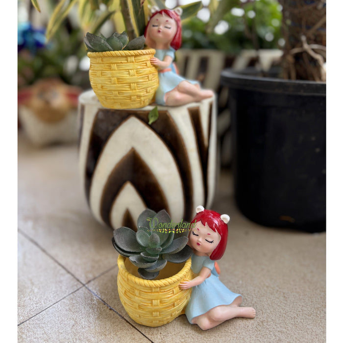 Wonderland Dreamy Girl Succulent Planter – Set of 2 Cute Resin Flower Pots for Indoor Plants, Home Decor, and Gifting