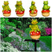 Set of four solar-powered garden stake lights featuring a green frog sitting on a red mushroom, shown assembled and in individual components (stake, solar panel, and resin frog).