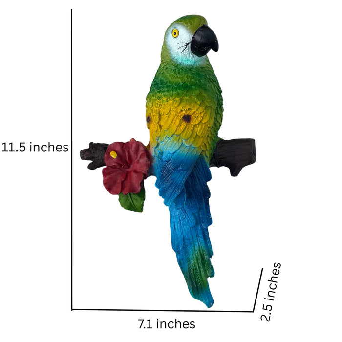 Wonderland Hand-Painted Tropical Macaw Parrot Wall Decor - 3D Resin Bird Figurine on Branch with Flower - Vibrant Coastal Wall Hanging for Patio, Garden, or Home Decor