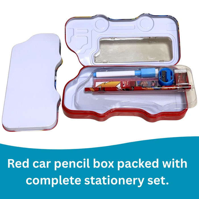 Kids’ Bus-Shaped Metal Pencil Box Stationery Set – Includes Pencil, Sharpener, Eraser, Ruler and 1 sketchpen 8x4x1.5inch