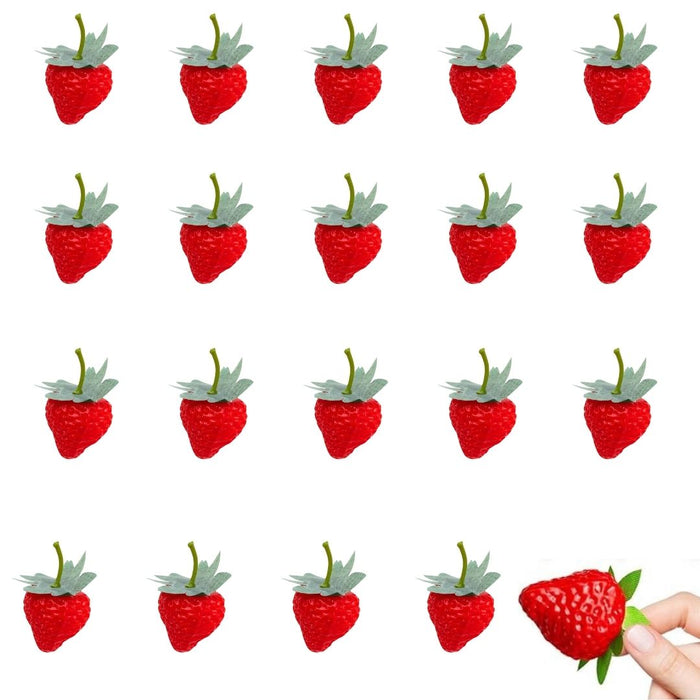 Wonderland 20 Pieces of Arificial Plastic Strawberries, Realistic Red Strawberries with Green Stems and Leaves for Home Kitchen Party Decoration and Photography Props
