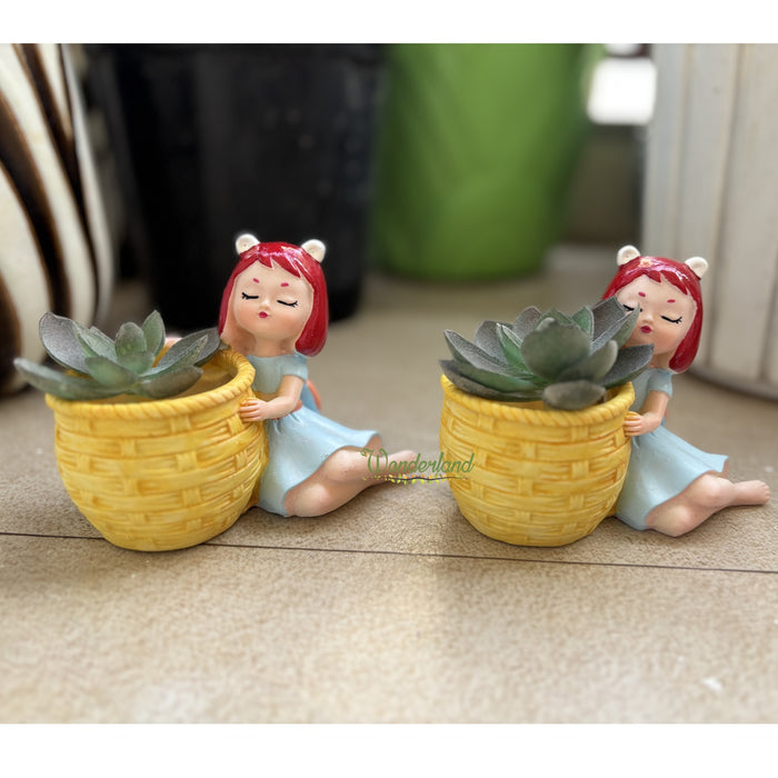 Wonderland Dreamy Girl Succulent Planter – Set of 2 Cute Resin Flower Pots for Indoor Plants, Home Decor, and Gifting