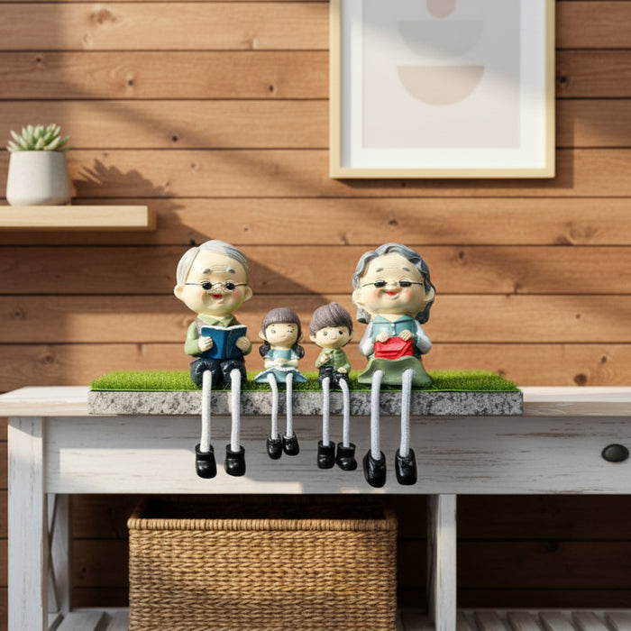 Wonderland 4-Piece Grandparents and Grandchildren Shelf Sitter Figurine Set|Hand-Painted Family Statues with Dangle Rope Legs| Heartwarming Home Decor for Shelves,  (Bench Not Included)