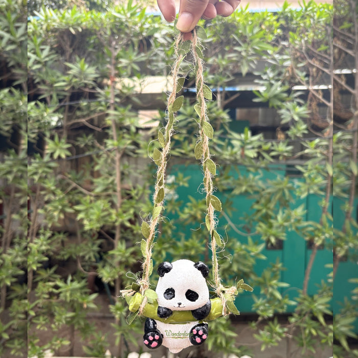 Hanging Garden Statue Set – Panda on Swing & Hanging Monkey Figurines – 2-Piece Whimsical Animal Decor with Leafy Vine Ropes for Outdoor Trees, Patio, or Nursery