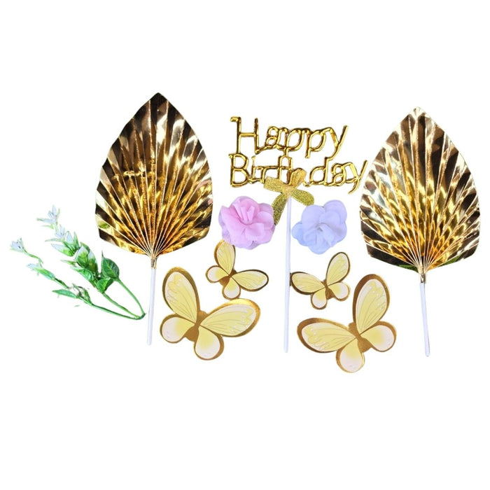 Wonderland Gold "Happy Birthday" Butterfly & Floral Cake Topper Set