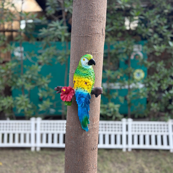 Wonderland Hand-Painted Tropical Macaw Parrot Wall Decor - 3D Resin Bird Figurine on Branch with Flower - Vibrant Coastal Wall Hanging for Patio, Garden, or Home Decor