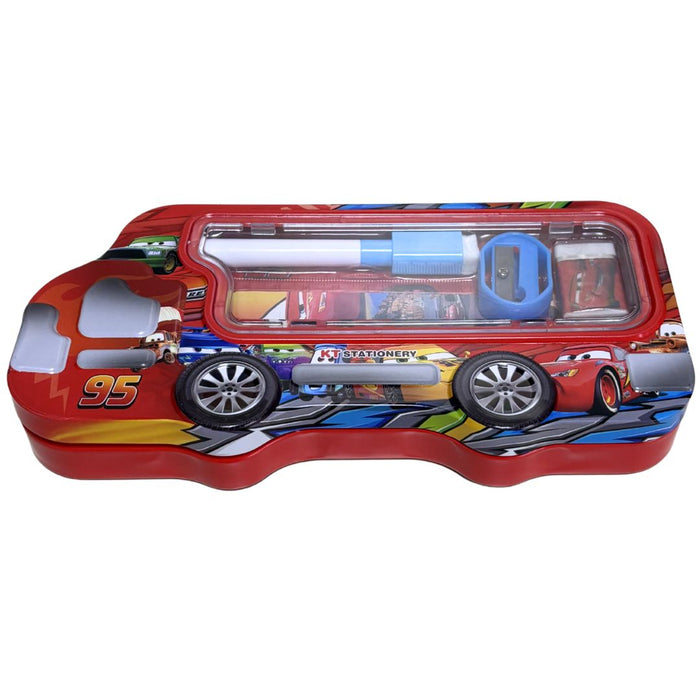 Kids’ Bus-Shaped Metal Pencil Box Stationery Set – Includes Pencil, Sharpener, Eraser, Ruler and 1 sketchpen 8x4x1.5inch